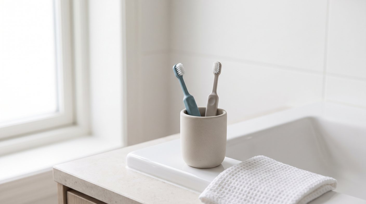 Lavabo kenarındaki bardakta iki küçük başlı diş fırçası