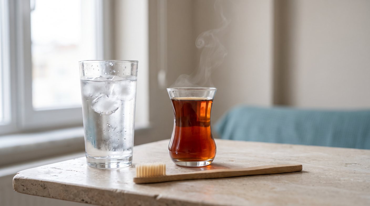 Masada buzlu su, ince belli bardakta sıcak çay ve bambu saplı bir diş fırçası