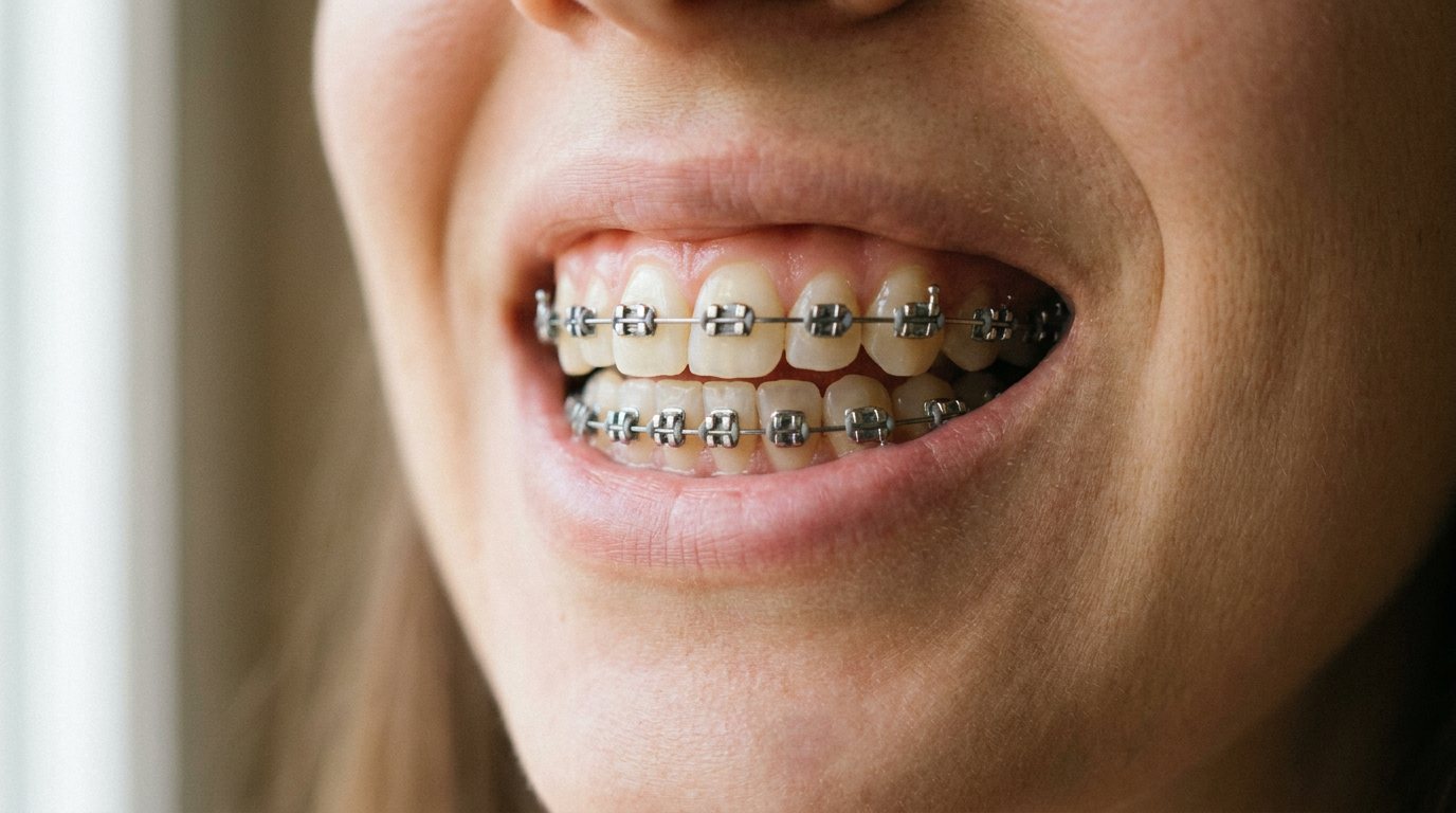 Metal braketli diş teli takılı dişlerin yakından görünümü