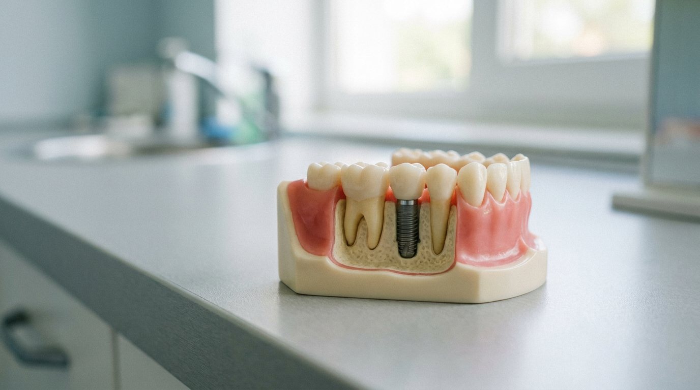 Kesitli çene modelinde kemik içindeki implant vidası ve üzerindeki kaplama